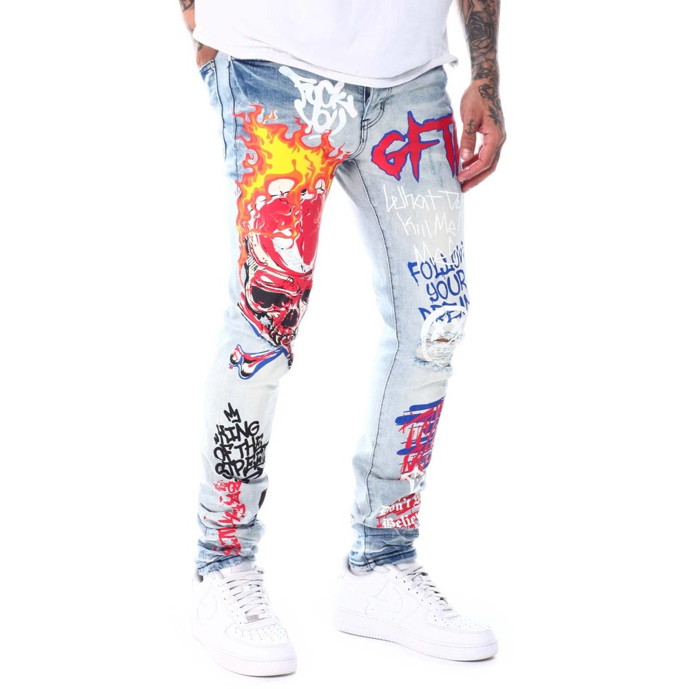 GFTD LA Los Angeles Men's Iris Skinny Fit Painted Skull Distressed Ripped Jeans